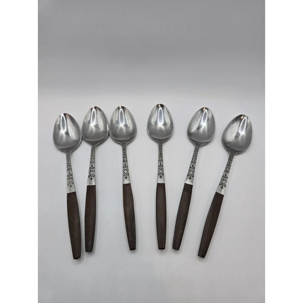 6 Interpur INR2 Stainless Spoons Brown Faux Wood Handle Flatware MCM Japan 6.75